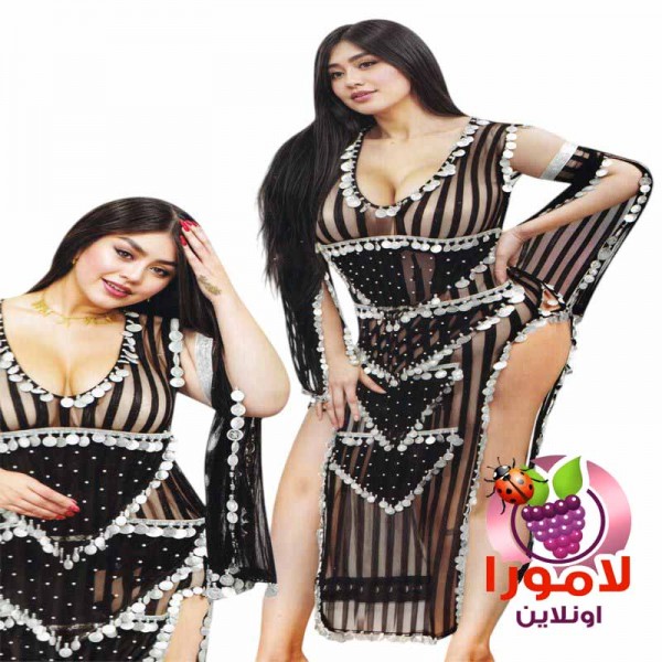 بدلة رقص بلدي شفافة بتصميم خطوط سوداء مميزة بدلة رقص بلدي شفافة بتصميم خطوط سوداء مميزة