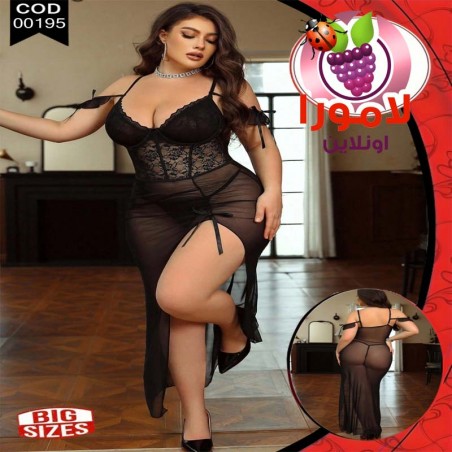 لانجيري نسائي طويل مقاس كبير أسود - شيفون مثير ومريح للوزن من 80 حتى 120 كجم