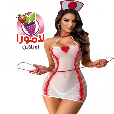 لانجرى تنكرى ممرضة كود 439 شيفون أبيض مع كاب من الأمام